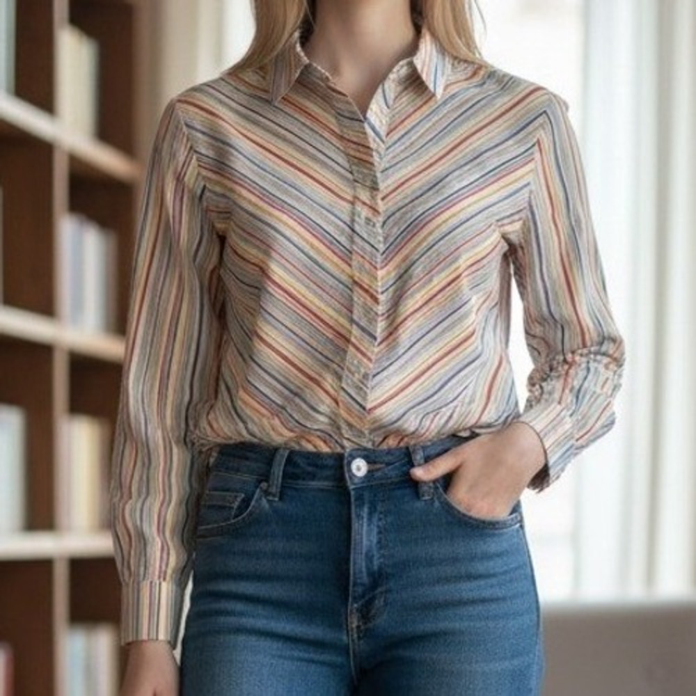 Vtg Rainbow Striped Button Down Shirt Womens Small Multi-Color Long Sleeve‎